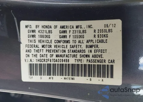 2013 Honda Accord Ex-L from USA, damaged, VIN 1HGCR2F87DA009498